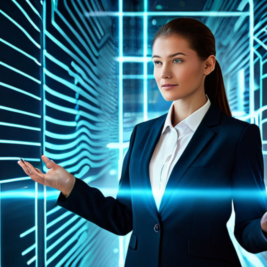 A professional businesswoman in a modest business suit, standing confidently in a futuristic, secure digital environment. Abstract, glowing data streams and holographic interfaces surround her, symbolizing the digital self and data interaction. She maintains a natural, professional pose, fully clothed, appropriate attire, safe for work, perfect anatomy, natural proportions, well-formed hands, proper finger count, professional photography, high quality, appropriate content, professional.