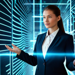 A professional businesswoman in a modest business suit, standing confidently in a futuristic, secure digital environment. Abstract, glowing data streams and holographic interfaces surround her, symbolizing the digital self and data interaction. She maintains a natural, professional pose, fully clothed, appropriate attire, safe for work, perfect anatomy, natural proportions, well-formed hands, proper finger count, professional photography, high quality, appropriate content, professional.