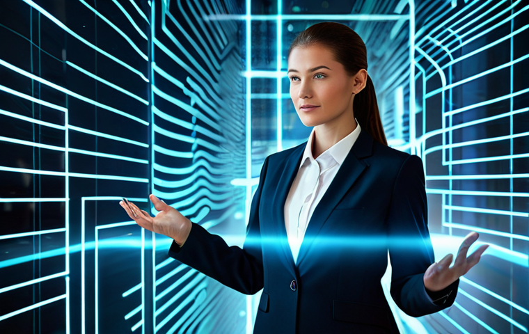 A professional businesswoman in a modest business suit, standing confidently in a futuristic, secure digital environment. Abstract, glowing data streams and holographic interfaces surround her, symbolizing the digital self and data interaction. She maintains a natural, professional pose, fully clothed, appropriate attire, safe for work, perfect anatomy, natural proportions, well-formed hands, proper finger count, professional photography, high quality, appropriate content, professional.