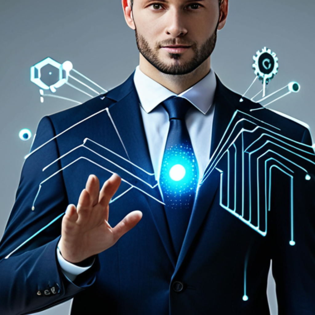 A professional individual, fully clothed in a modest business suit, stands in a sleek, stylized digital environment. Around them, subtle, glowing digital data points form a visual representation of a controlled digital footprint, which they are actively organizing and securing through an intuitive holographic interface. The person's expression is focused and determined, signifying empowerment and proactive management of their online presence. The background is clean and high-tech, with diffused lighting that creates a secure and modern atmosphere. Perfect anatomy, correct proportions, natural pose, well-formed hands, proper finger count. Safe for work, appropriate content, fully clothed, professional.