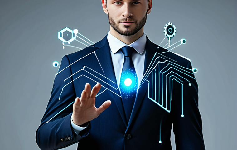 A professional individual, fully clothed in a modest business suit, stands in a sleek, stylized digital environment. Around them, subtle, glowing digital data points form a visual representation of a controlled digital footprint, which they are actively organizing and securing through an intuitive holographic interface. The person's expression is focused and determined, signifying empowerment and proactive management of their online presence. The background is clean and high-tech, with diffused lighting that creates a secure and modern atmosphere. Perfect anatomy, correct proportions, natural pose, well-formed hands, proper finger count. Safe for work, appropriate content, fully clothed, professional.