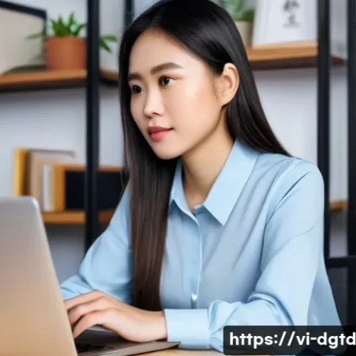 Home 28 소셜 미디어와 디지털 정체성 - A professional young Vietnamese woman thoughtfully managing her digital identity on a sleek laptop i...