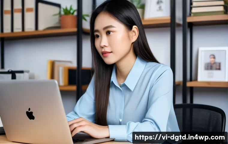 소셜 미디어와 디지털 정체성 - A professional young Vietnamese woman thoughtfully managing her digital identity on a sleek laptop i...