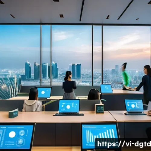 Home 15 디지털 정체성 관리의 비즈니스 모델 - A modern Vietnamese fintech office environment showing a diverse team of professionals collaborating...