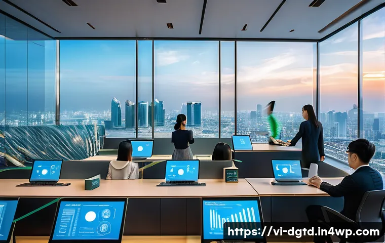 디지털 정체성 관리의 비즈니스 모델 - A modern Vietnamese fintech office environment showing a diverse team of professionals collaborating...