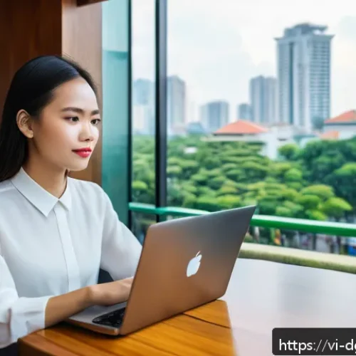 Home 28 개인화된 디지털 정체성 구축 방법 - A young Vietnamese professional woman sitting at a modern café in Ho Chi Minh City, using a laptop a...