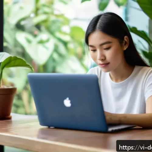 Home 27 디지털 정체성과 개인의 권리 - A modern Vietnamese woman sitting at a cozy café table with a sleek laptop and smartphone, carefully...