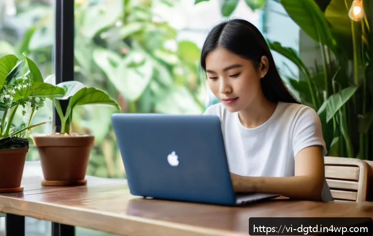 디지털 정체성과 개인의 권리 - A modern Vietnamese woman sitting at a cozy café table with a sleek laptop and smartphone, carefully...