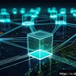 블록체인 기반 디지털 정체성 - A futuristic digital illustration of a decentralized blockchain network securing personal identity d...