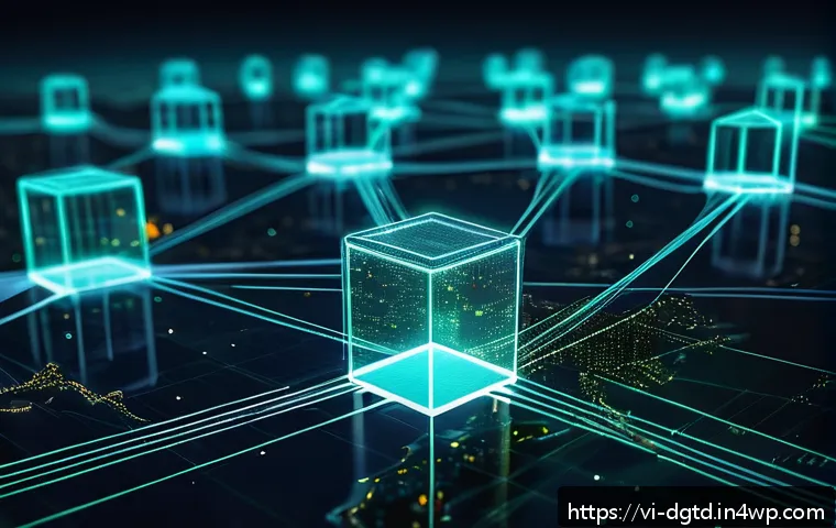 블록체인 기반 디지털 정체성 - A futuristic digital illustration of a decentralized blockchain network securing personal identity d...